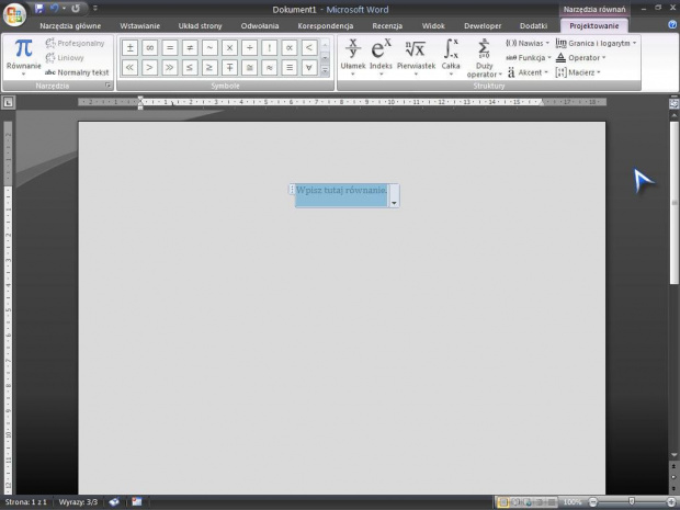 Sposób pisania wzorów matematycznych w Wordzie 2007.